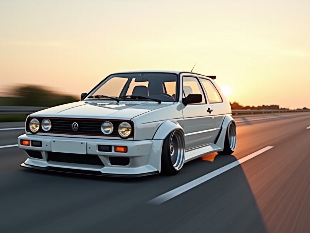 A Volkswagen Golf Mk 3 in ice white zooms down the German autobahn highway during the golden hour. This car features a lowered stance and aggressive widebody tuning, making it visually striking. The image is a hyper-realistic 3D rendering showcasing the stunning details of the vehicle, leveraging Unreal Engine and Octane render software. With a breathtaking level of realism, this image is perfect for 8K displays, highlighting the full angular profile of the car.