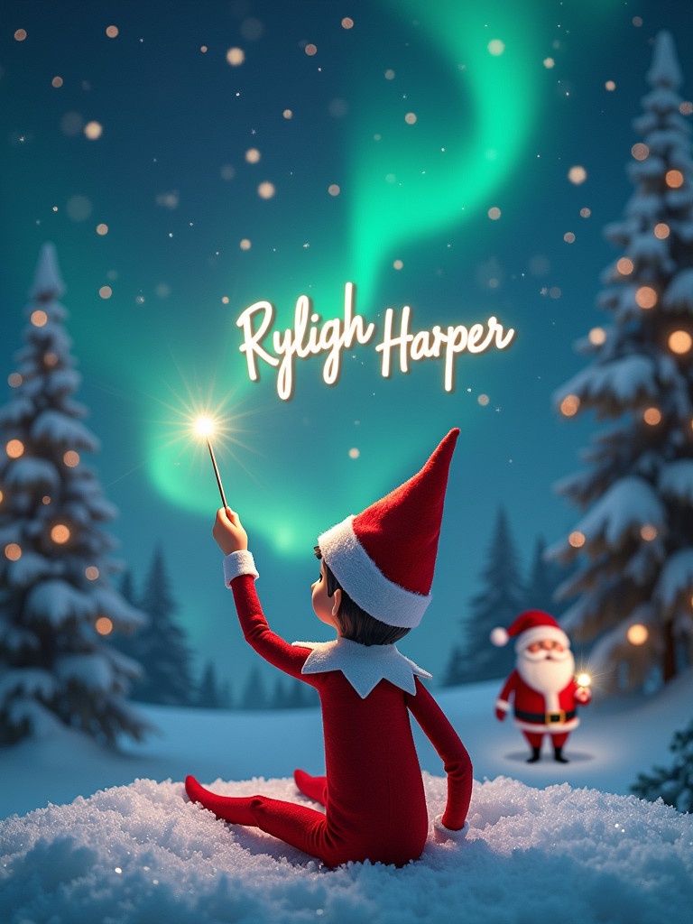 An enchanting Christmas scene features an elf on the shelf sitting on the snow. The elf has its back turned towards viewers. The elf gazes upwards while elegantly writing 'Ryleigh Harper' in the night sky using a wand. Northern lights illuminate the background. A distant image of Santa Claus appears. Snow covers the ground, creating serenity. This moment captures holiday joy and wonder.