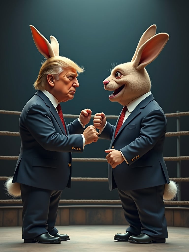 Two anthropomorphic rabbits representing Donald Trump and the Deep State fight in an octagon. They are in business suits. One has a suit with DS written on it. Elon Musk and Xi Jinping act as trainers. Emphasize humor and political commentary.