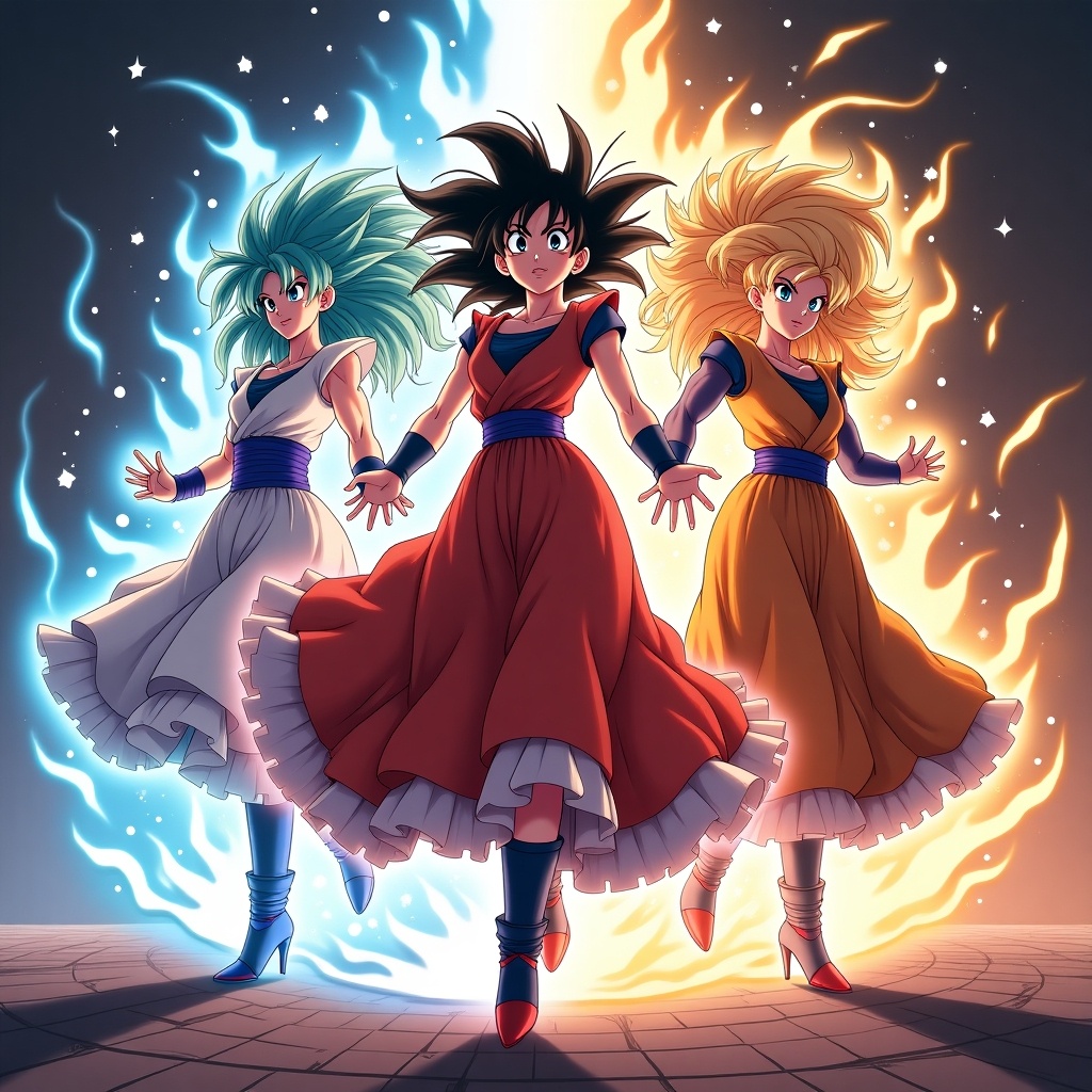 Image features three female characters performing the fusion dance from Dragon Ball. Characters represent distinct hair colors and outfits showcasing powerful energy. Bright dual colors of blue and orange illuminate the scene.