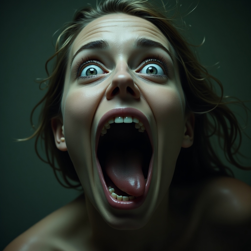 Woman exhibits intense fear with wide-open eyes and mouth. Expression suggests something frightening, yet nothing is present. Close-up focus highlights emotional response. Dramatic lighting adds depth to the visual.