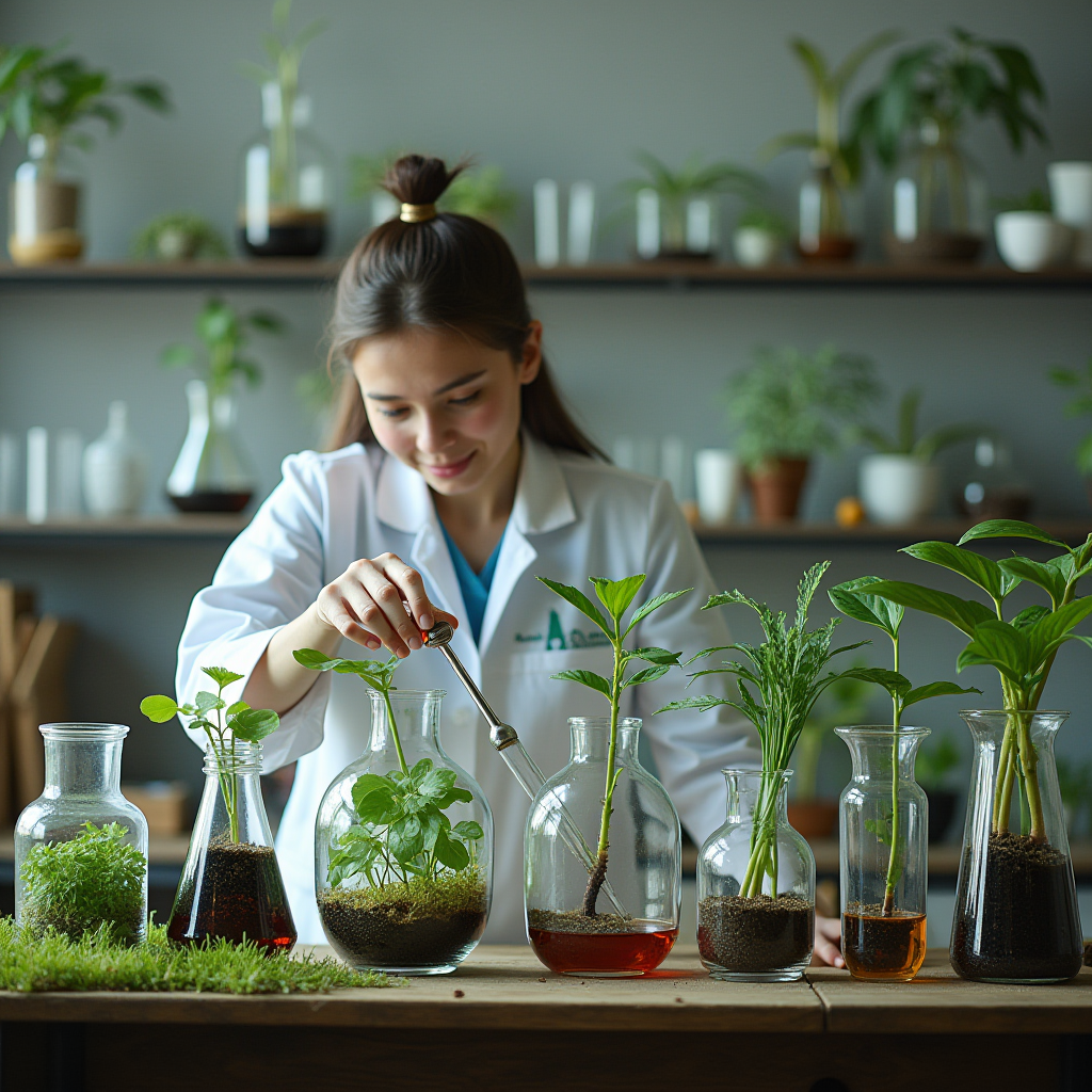 A person in a lab coat conducting experiments with plants in glass beakers on a wooden table.