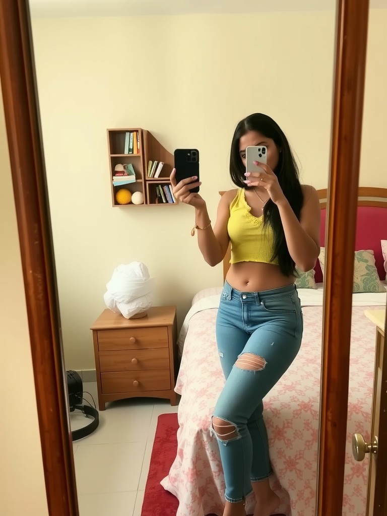 A person takes a mirror selfie in a bedroom wearing a yellow top and ripped jeans.