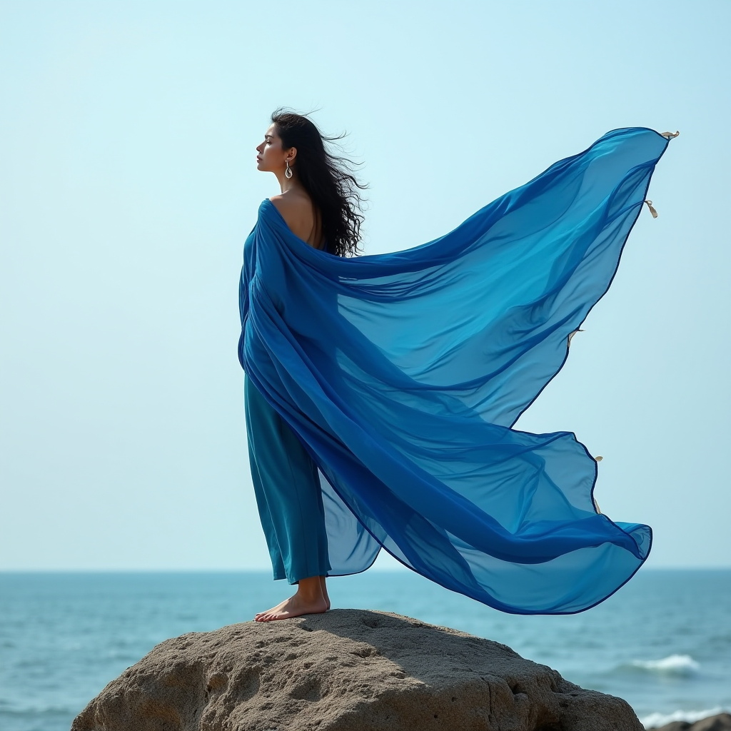 A woman in a flowing blue dress stands on a rock by the sea, with fabric billowing in the wind.