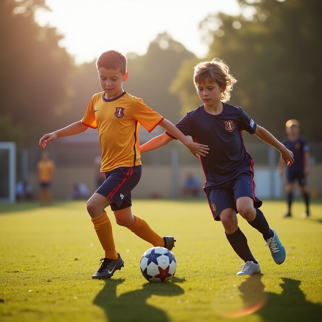 Two young male soccer players compete for the ball on a sunlit field during a competitive youth match.