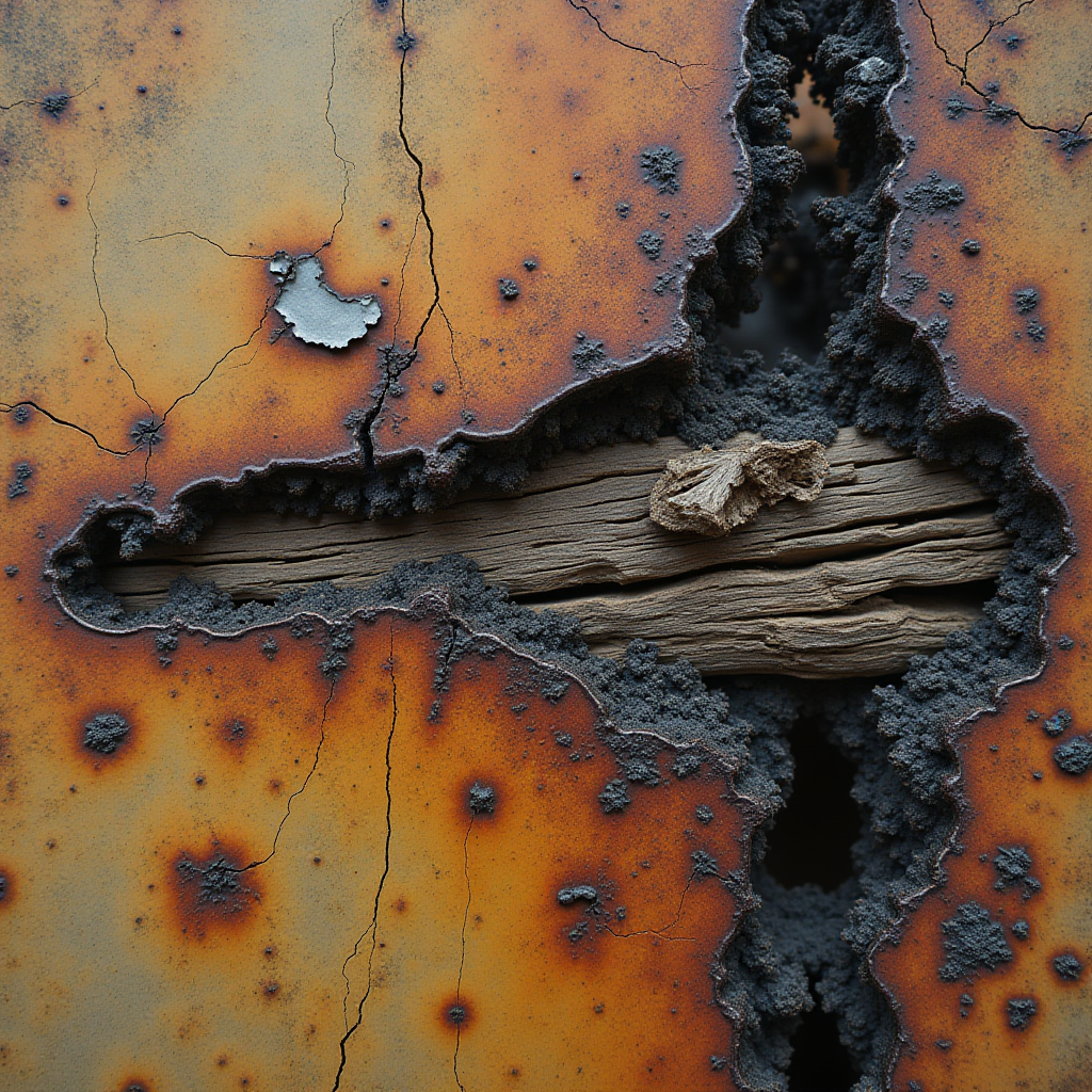 A close-up view of a rusted metal surface with a central crack revealing underlying decayed wood.