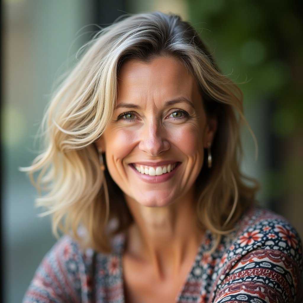 The image features a smiling middle aged woman with medium length hair wearing a patterned garment. Bright smile and relaxed pose evoke warmth and friendliness. Soft natural lighting enhances the mood, creating an inviting atmosphere.