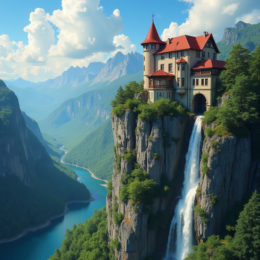 A picturesque house is built atop a rugged cliff. The house has a red roof and brickwork, showcasing classic charm. The location offers breathtaking views over a lush valley with cascading forests. Waterfalls tumble off the cliffs into a serene blue river, highlighting harmony between architecture and nature. Distant mountains under a bright blue sky with fluffy white clouds enhance the tranquil setting. The scene evokes fantasy and wonder, suggesting elegance and seclusion.