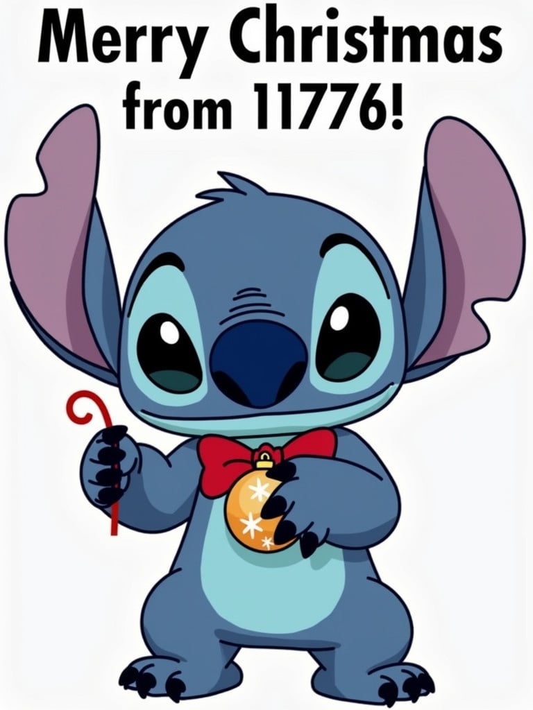 Cute character resembling Stitch holds a Christmas bauble. Character is blue with large ears and a bow tie. Text says Merry Christmas from 11776.