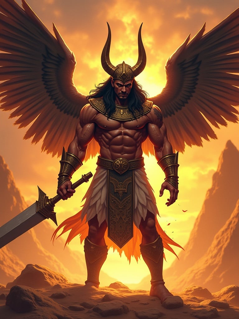 A powerful horned god stands with a sword in a dramatic pose. The figure has a muscular physique and wears armor with a feathered skirt. The background features a vivid sunset with mountains. The scene conveys readiness for battle.