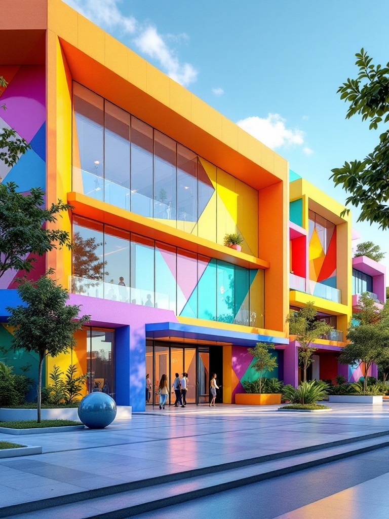 Facade of a colorful ultra-modern school. Innovative design with sleek lines. Large glass panels reflect natural light. Vibrant color palette creates a dynamic appearance. Geometric shapes add depth. Landscaped green areas enhance modern feel. Artistic installations complete the look. Impression of creativity and innovation for learning.