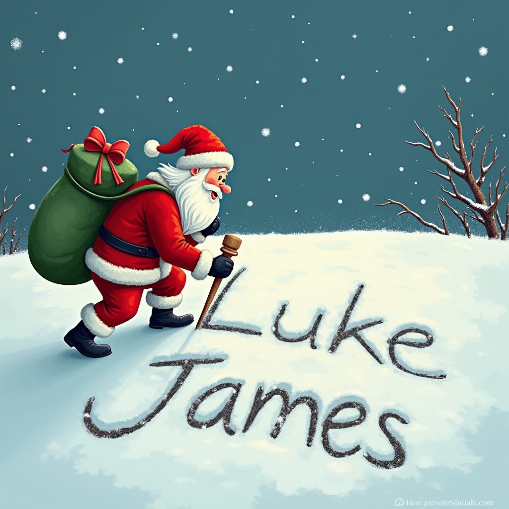 This image features Santa Claus, dressed in his iconic red suit, joyfully writing the names 'Luke' and 'James' in the fresh, white snow. He is carrying a large green sack filled with gifts on his back. The background is adorned with a peaceful winter scene, including softly falling snowflakes. Santa holds a stick to create the letters in the snow, embodying the playful and magical spirit of Christmas. The scene captures the joy of the holiday season and the tradition of Santa bringing personalized gifts to children.