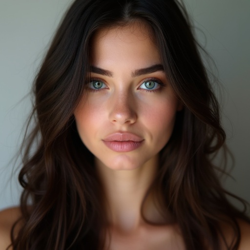 Photorealistic portrait of a beautiful young woman with long dark brown hair and striking blue eyes. Soft neutral studio lighting used with a neutral background. The woman has a symmetrical face and symmetrical eyes.
