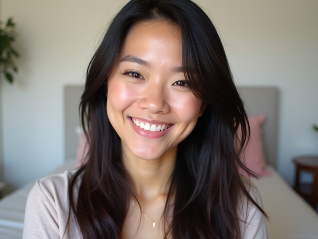 The image shows a young woman with long dark hair smiling at the camera. She has a bright expression and is wearing a light-colored top. The background is simple and unobtrusive, suggesting a casual setting. Her makeup appears to be natural and flattering, enhancing her features. The overall vibe of the image is friendly and approachable.