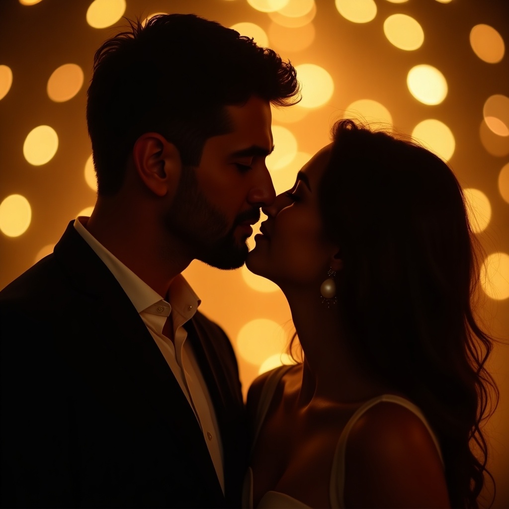 In this intimate scene, a couple shares a gentle kiss surrounded by warm glowing lights. The soft focus enhances their features, creating a sense of closeness. Golden lighting casts a warm hue on their faces, highlighting the sincerity of their connection. The atmosphere is serene, filled with love, making it ideal for romantic themes. This moment captures the essence of love and intimacy beautifully.