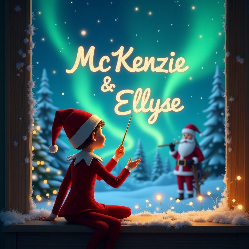 Elf on the shelf faces the sky using a magical wand to write the names McKenzie and Ellyse in the air. Background features a snowy landscape with northern lights and Santa Claus.