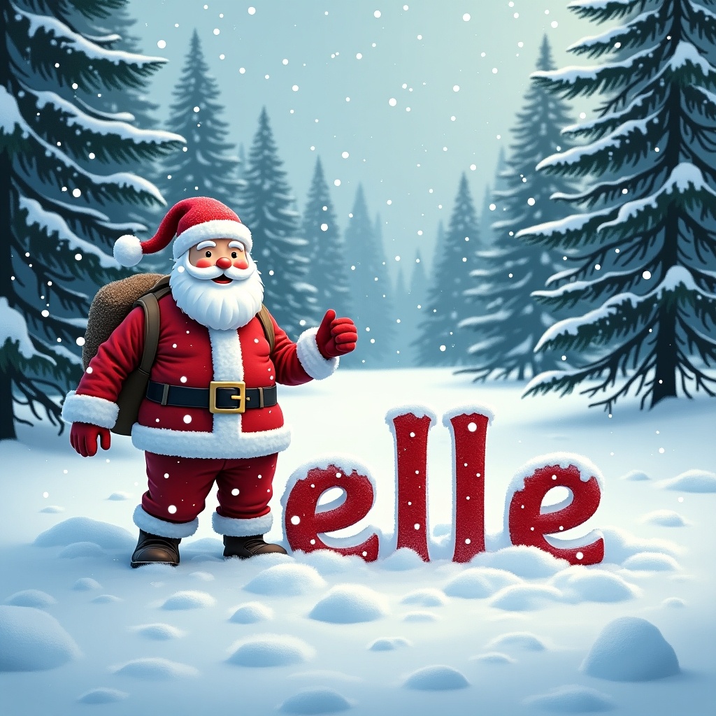 A cheerful Santa Claus stands in a serene snowy landscape, surrounded by tall evergreen trees. He is dressed in his classic red suit with a white beard, holding a bag of gifts on his back. In the snow at his feet, he is writing the word 'Halle' with a playful thumbs-up gesture. Soft snowflakes are falling gently around him, creating a magical winter scene. This image evokes the festive spirit of the holiday season, inviting warmth and joy.