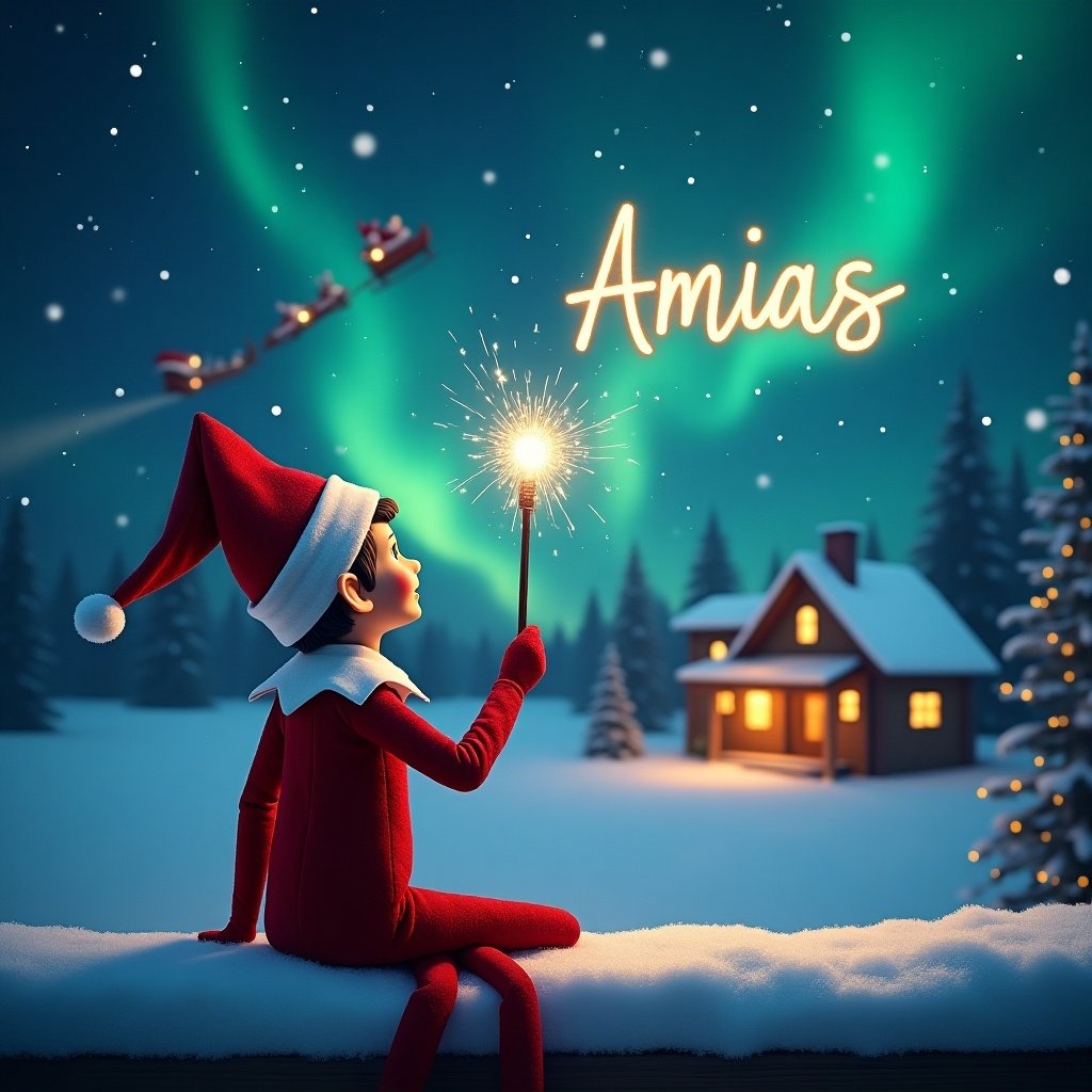 A Christmas scene with an elf on the shelf sitting on a snowy ledge. The elf has a red hat and is facing away. The elf looks up at a night sky with stars and vibrant northern lights. The elf holds a glowing wand writing 'Amias' in the air. A cozy cabin lights up in the background. Santa and his sleigh fly across the sky. The image radiates joy and wonder of Christmas.