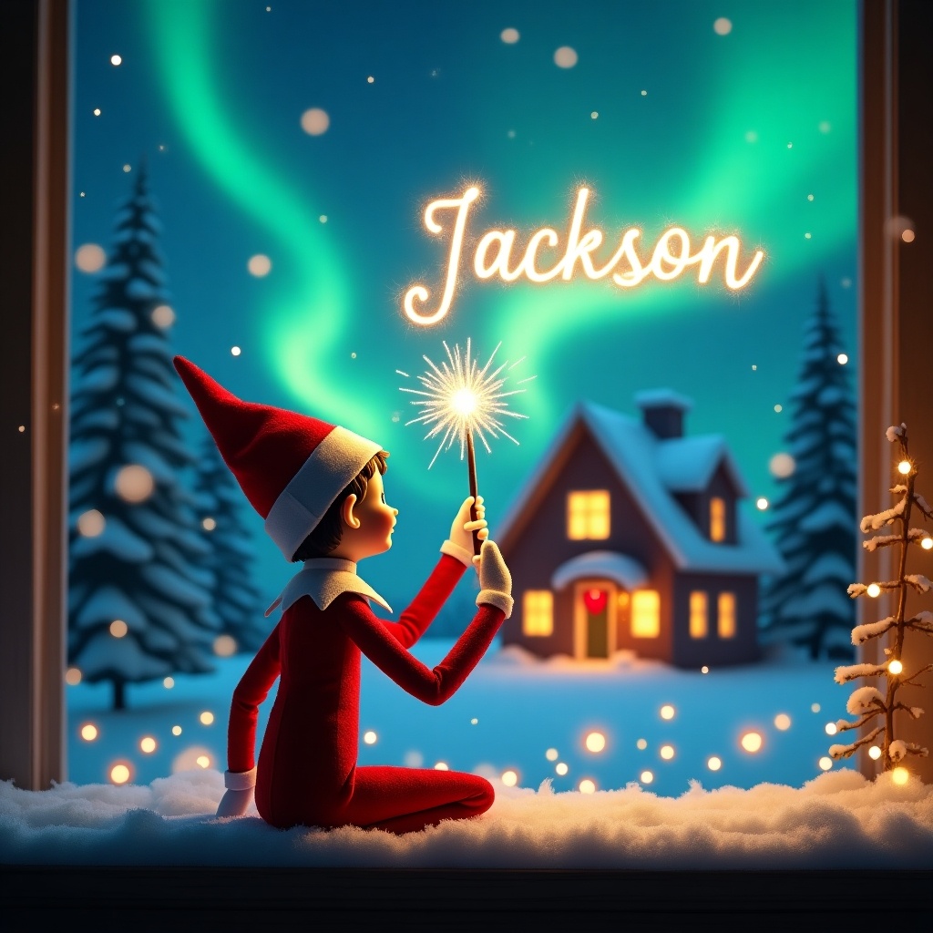 An elf on the shelf sits with its back to the viewer, gazing at the colorful northern lights illuminating the night sky. It holds a bright, glowing wand that sparkles in the air. The scene includes a cozy house decorated for Christmas, surrounded by snow-covered trees. The elf appears playful and full of wonder as it writes names in the air, embodying the joy and magic of the holiday season. The name 'Jackson' is written beautifully in the sparkling light emitted from the wand. This enchanting image captures the whimsical spirit of a winter landscape during the holidays.