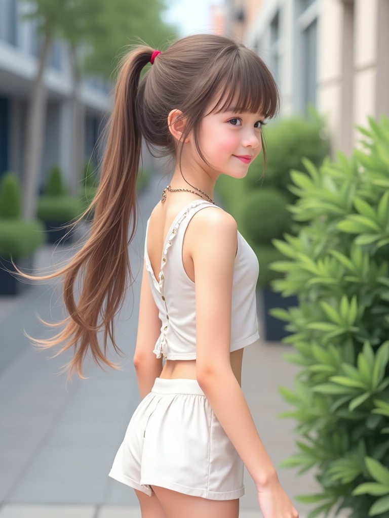 Image of a young girl with long hair tied in ponytail. She is wearing a white two-piece outfit. The girl stands outdoors and turns slightly while smiling. The background includes buildings and greenery. The atmosphere is relaxed and summery.