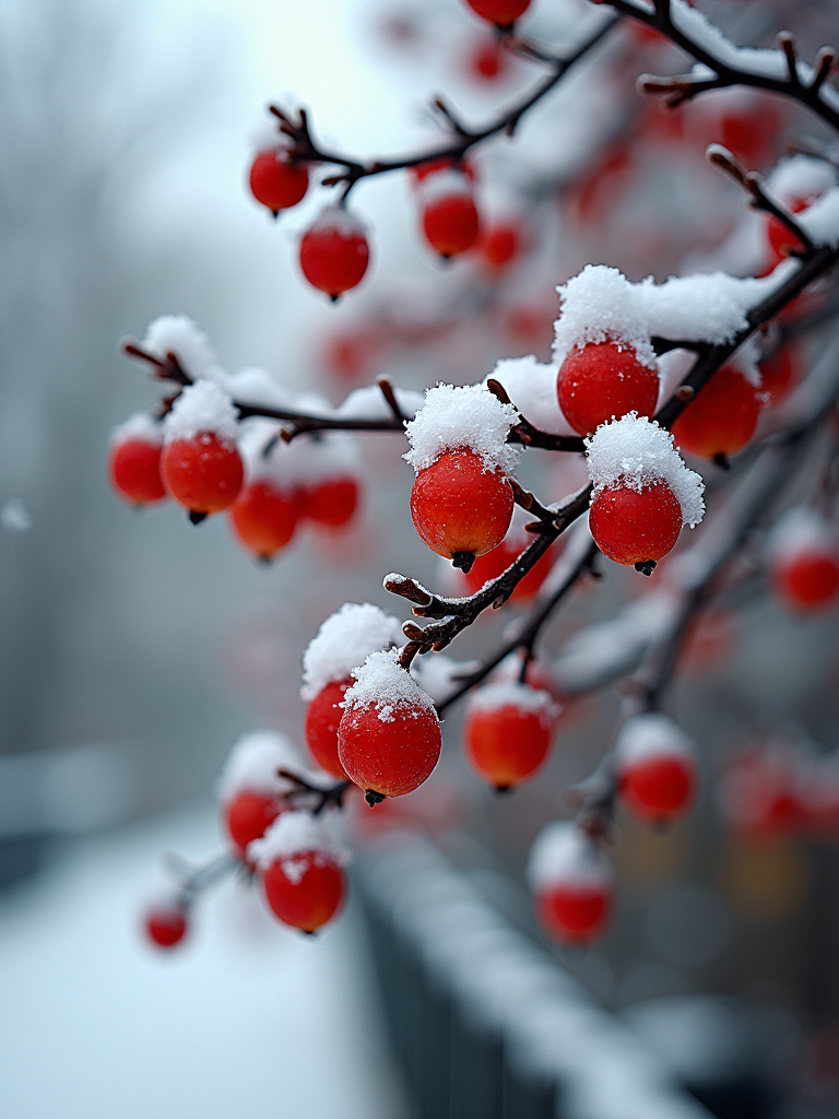 Snow-covered red berries hang on a branch in a wintry setting.