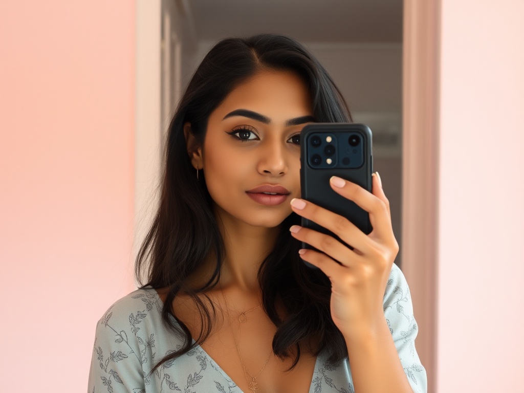 A woman taking a selfie in front of a pink wall using a smartphone.