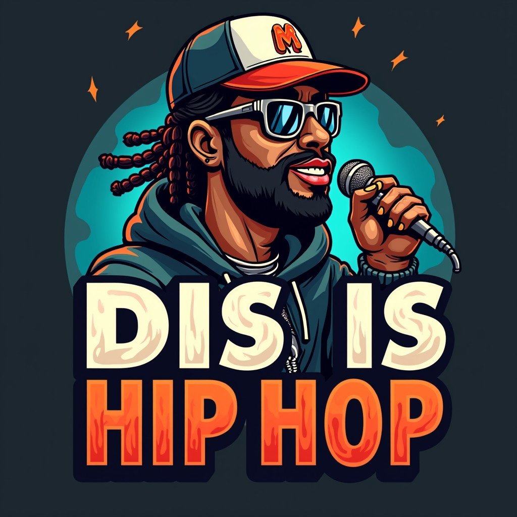 Logo design featuring Muzic King Blog. Image includes a mic plugged into the text 'Dis Is Hip Hop'. A cartoon rapper with braids and a mask is shown. The design reflects hip hop culture.