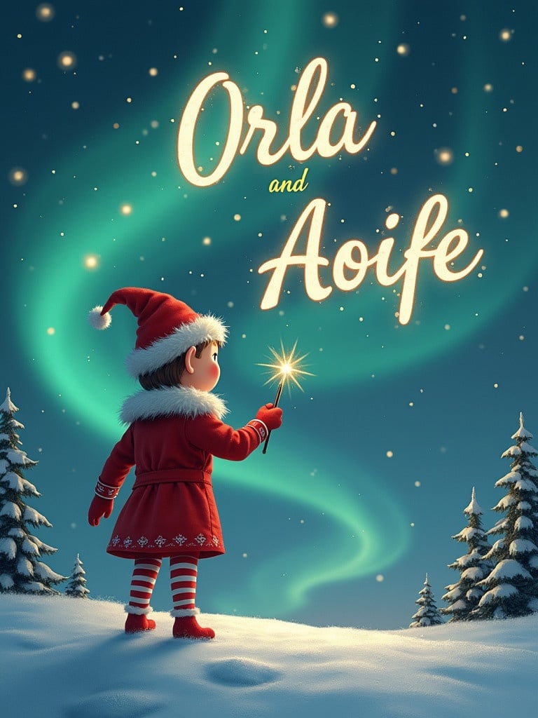 Elf character in red and white striped trousers standing with back to viewer. Child holds wand writing names Orla and Aoife in the sky. Background features a magical winter scene with northern lights and snow-covered trees.