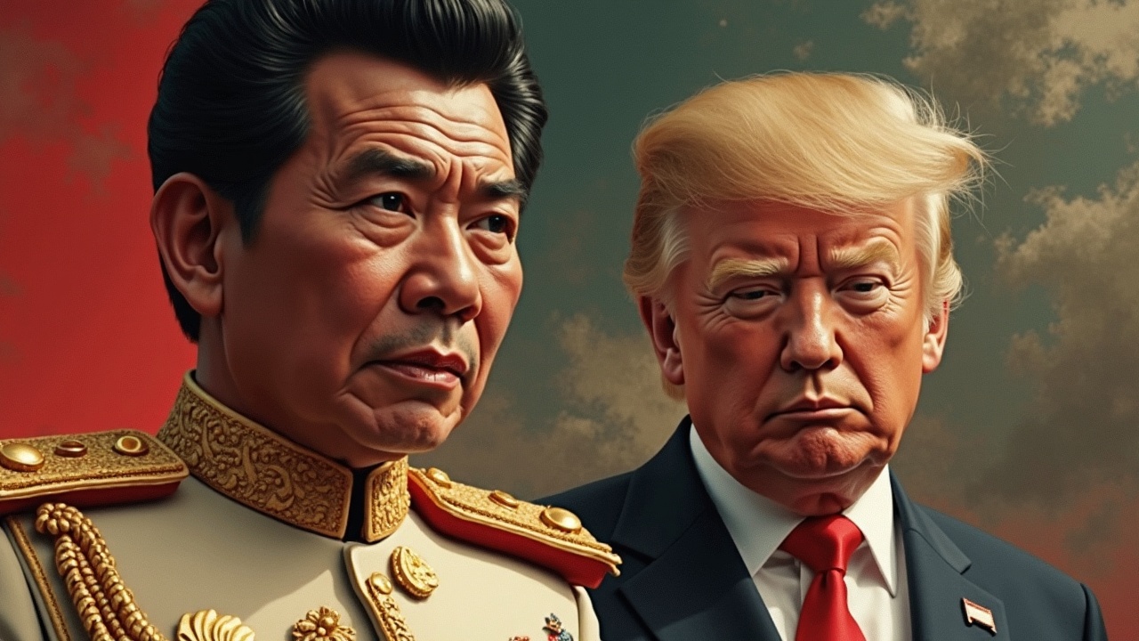 This digital artwork portrays two figures in a tense and contemplative stance against a dramatic sky. The person on the left is dressed in an ornate military uniform, examining something unseen with intense focus. The figure on the right is in a formal suit, exuding a somber and resolute expression. The juxtaposition of their outfits and expressions suggests a theme of political tension or high-stakes negotiation.