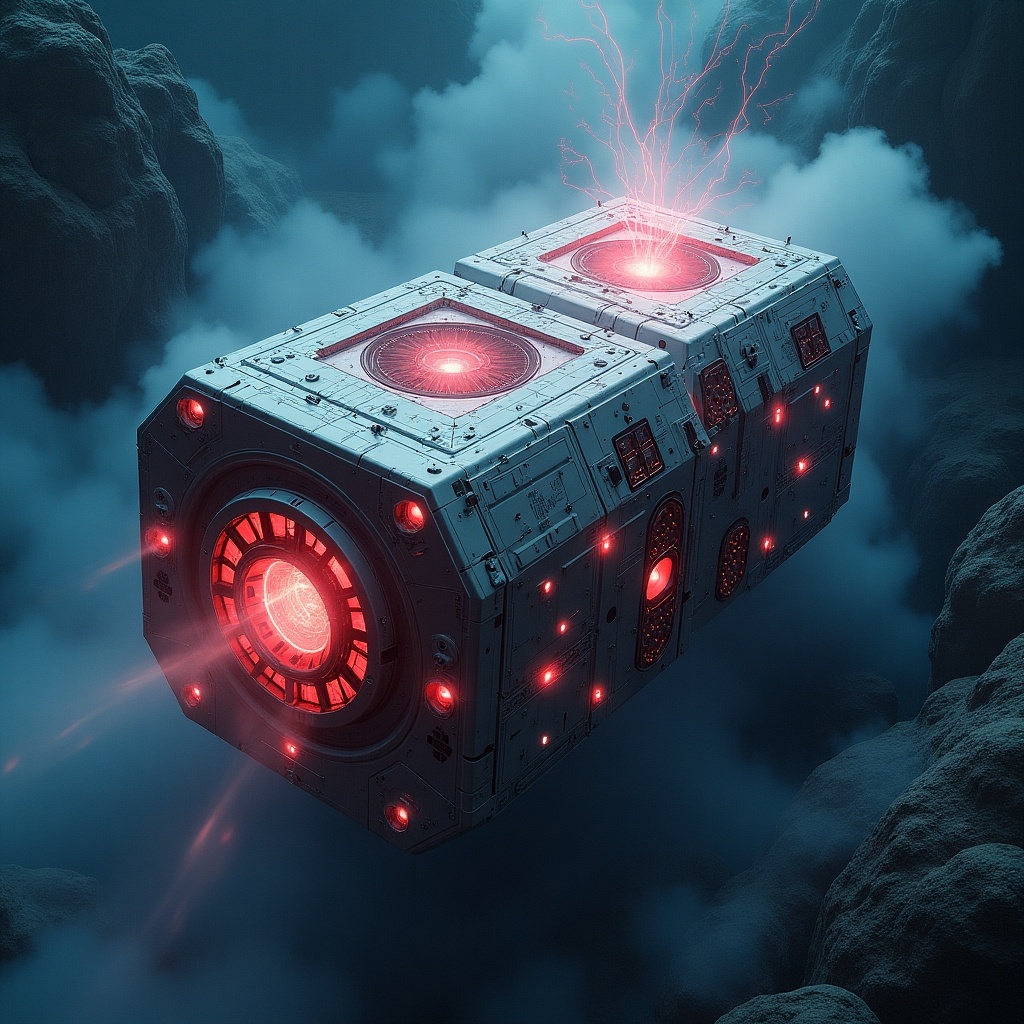 This image features a futuristic device with intricate designs capable of generating dense fog and accessing portals to other dimensions. It showcases glowing red circuits that pulsate with energy, illuminating the device. Swirling vortexes hint at the extraordinary realms it can connect to. The setting is enveloped in a misty atmosphere, enhancing the device's mysterious allure. The combination of technology and speculative design invites the viewer to imagine endless possibilities beyond our universe.