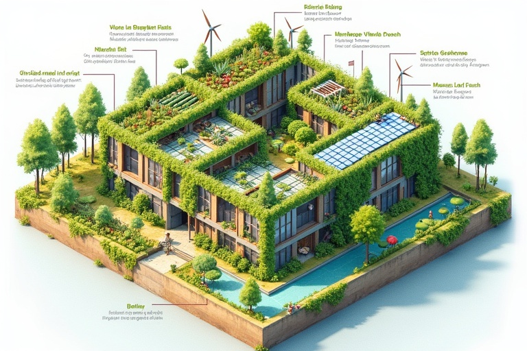 Isometric illustration shows sustainable city integrating with nature. Features vertical farms and wind turbines. Shows solar panels and circular food systems. Displays livestock and greenhouses. Includes water filtration systems and diverse housing styles. Watercolor style renders the scene. Dutch text labels detail each element. Building has walls covered in lush vegetation. Scene conveys harmonious integration of architecture and nature. Eco-friendly environment with trees and open spaces.