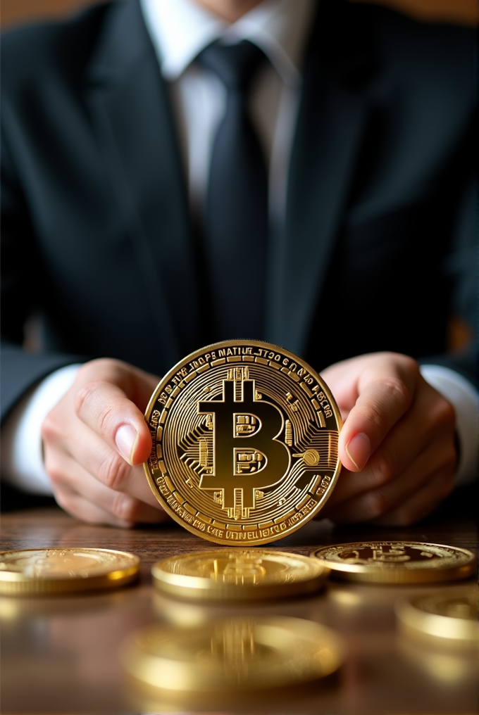 A person in a suit holding a large gold-toned Bitcoin coin with several similar coins on a wooden table.