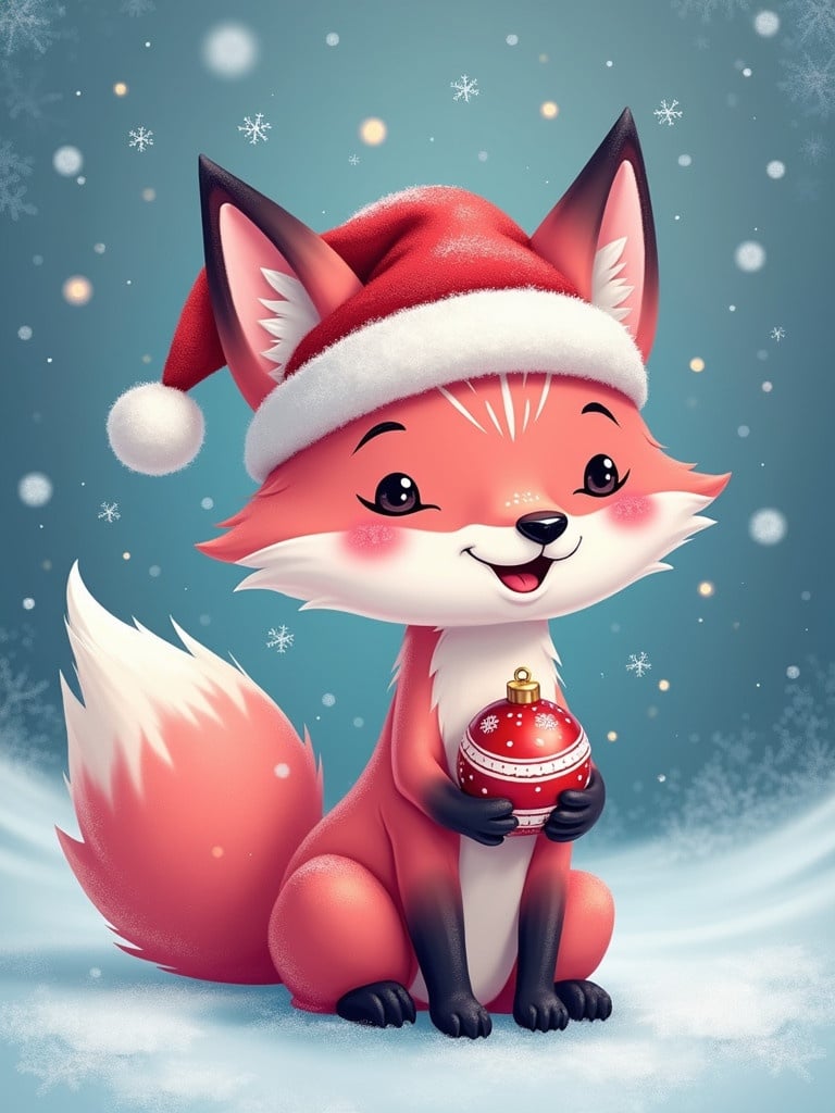 A pink fox in a festive setting. Fox wears a Santa hat. Fox holds a red and white Christmas bauble. Background has snowflakes and twinkling lights. Winter scene evokes warmth and joy.