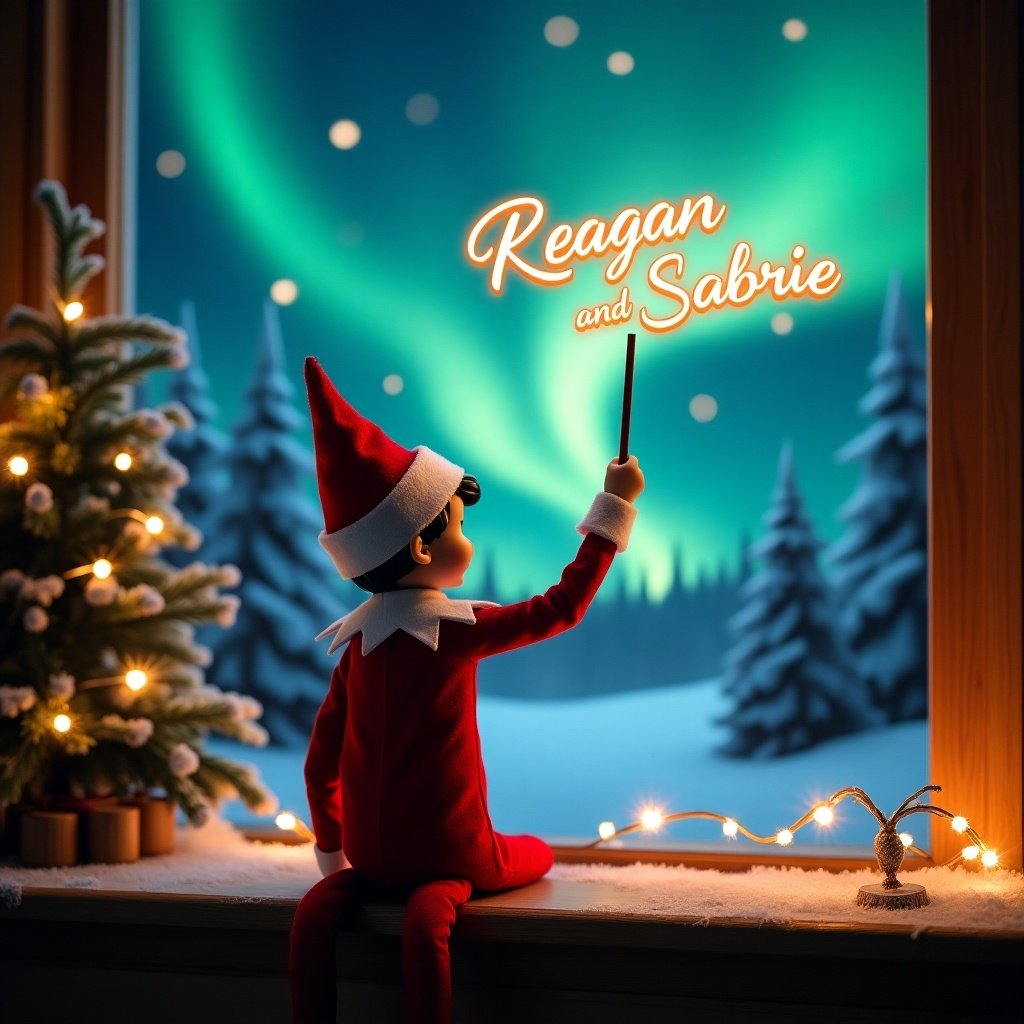 An enchanting Christmas scene featuring an elf on the shelf, who is facing the sky with his back to the viewer. The elf, dressed in red and white, wields a magic wand, writing 'Reagan and Sabrie' in a glowing script above him. The backdrop is adorned with vibrant northern lights, adding a magical ambiance. The scene is festive, portraying the spirit of Christmas with a whimsical twist. The elf's position and action create a sense of wonder and excitement that captures the joy of the holiday season.