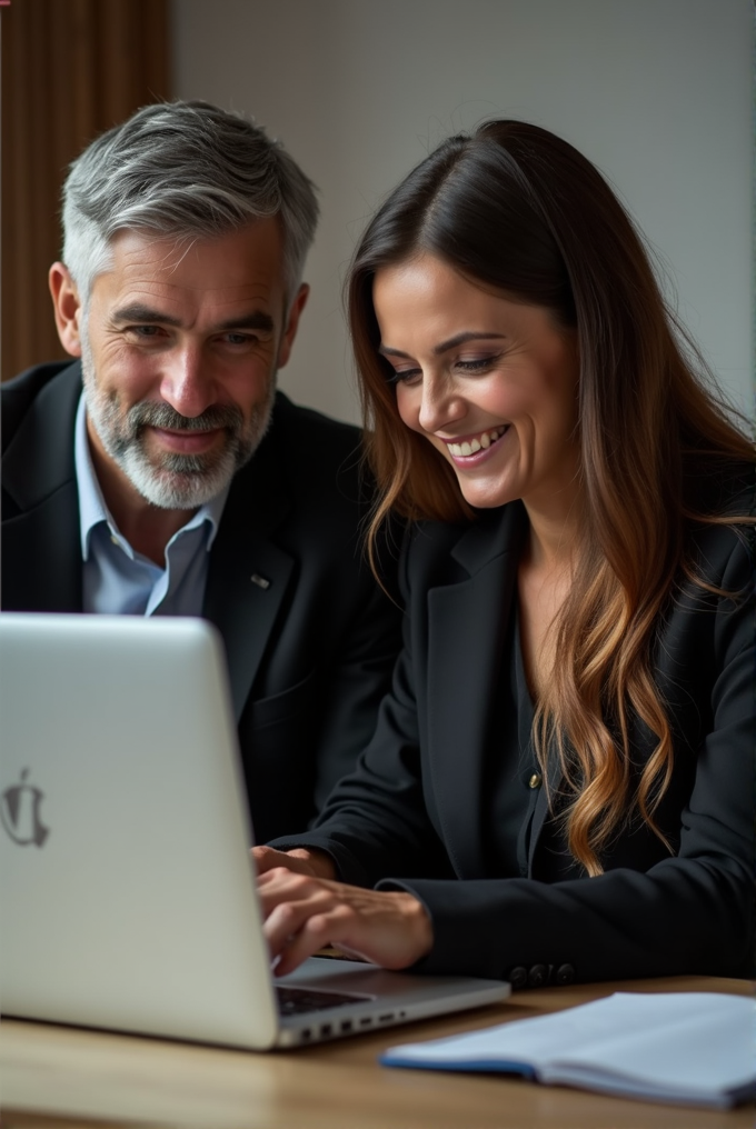 Two professionals in dark suits are joyfully collaborating on a project using a laptop, seated at a desk.