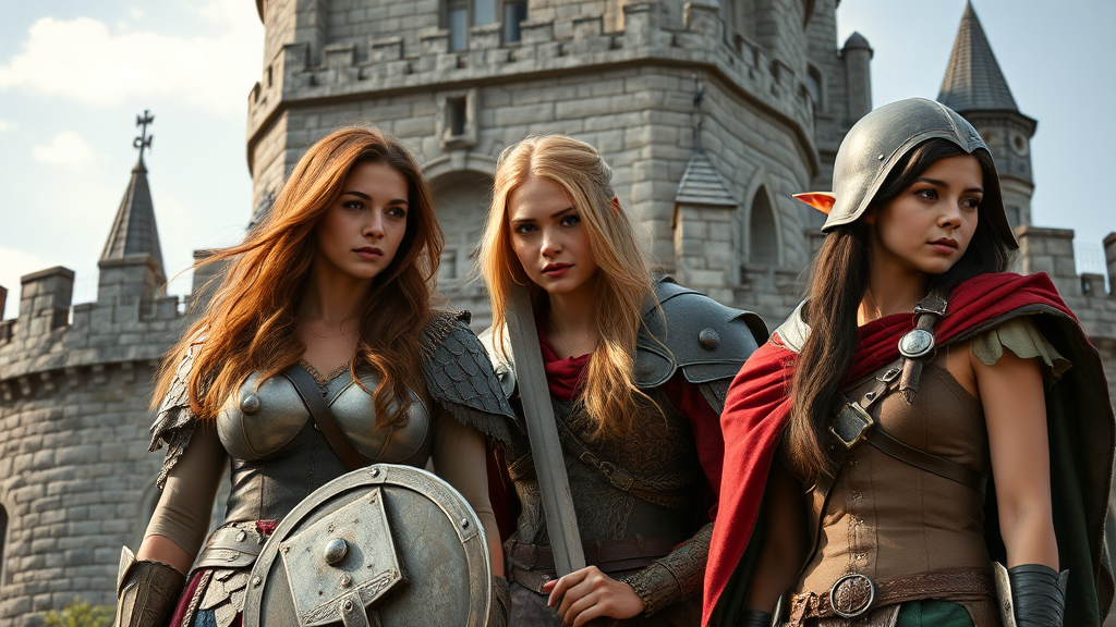 Three armored fantasy warriors stand boldly in front of an ancient stone castle.