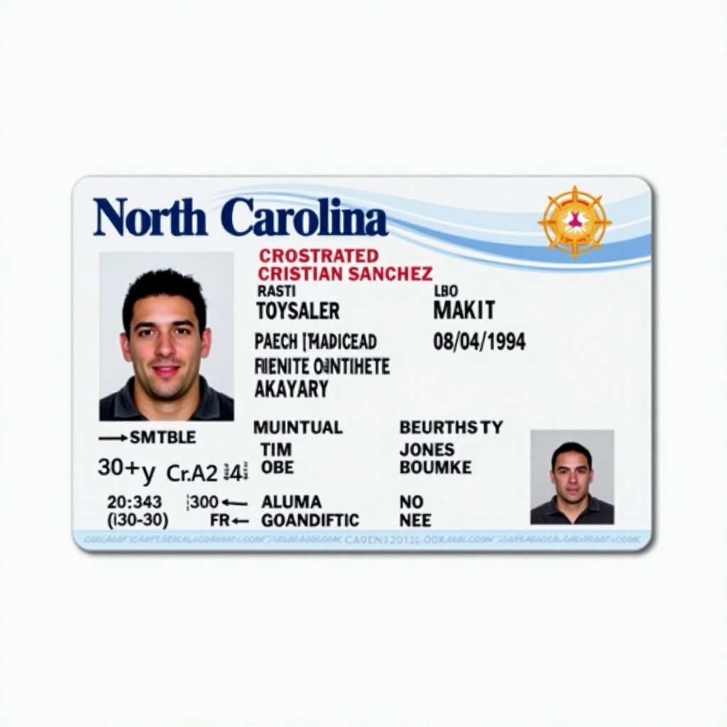 Image shows a North Carolina driver license card with details for Cristian Sanchez. Card includes age, birth date, and an official layout. Card design is clean and appealing for verification.