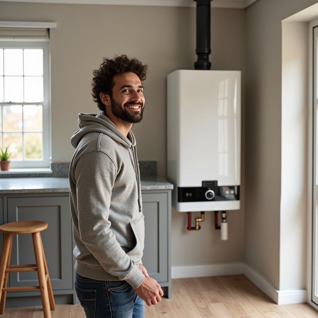 A modern kitchen setup showing a sleek new boiler and a happy person standing beside it. The room is well-lit by natural sunlight coming through a window. The décor includes grey cabinets and wooden elements. Emphasizes comfort and modern home living.