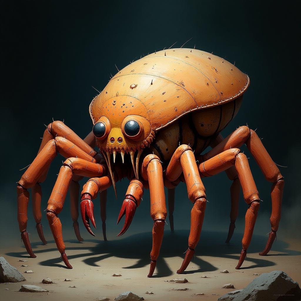 A stylized spider-like creature with an orange body and exaggerated features. It has large eyes and sharp pincers, positioned in a dark, eerie environment.