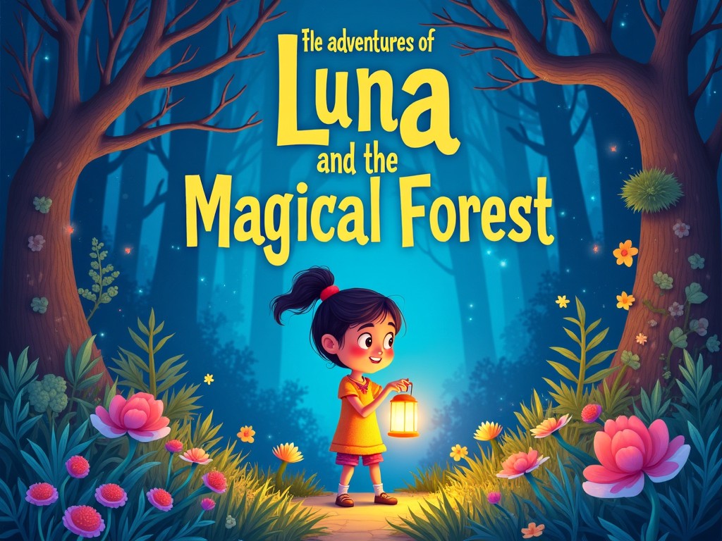 A whimsical children's storybook cover featuring a young girl named Luna exploring a magical forest at night. She is holding a glowing lantern, surrounded by enchanting flora and mysterious trees. The title 'The Adventures of Luna and the Magical Forest' is prominently displayed.