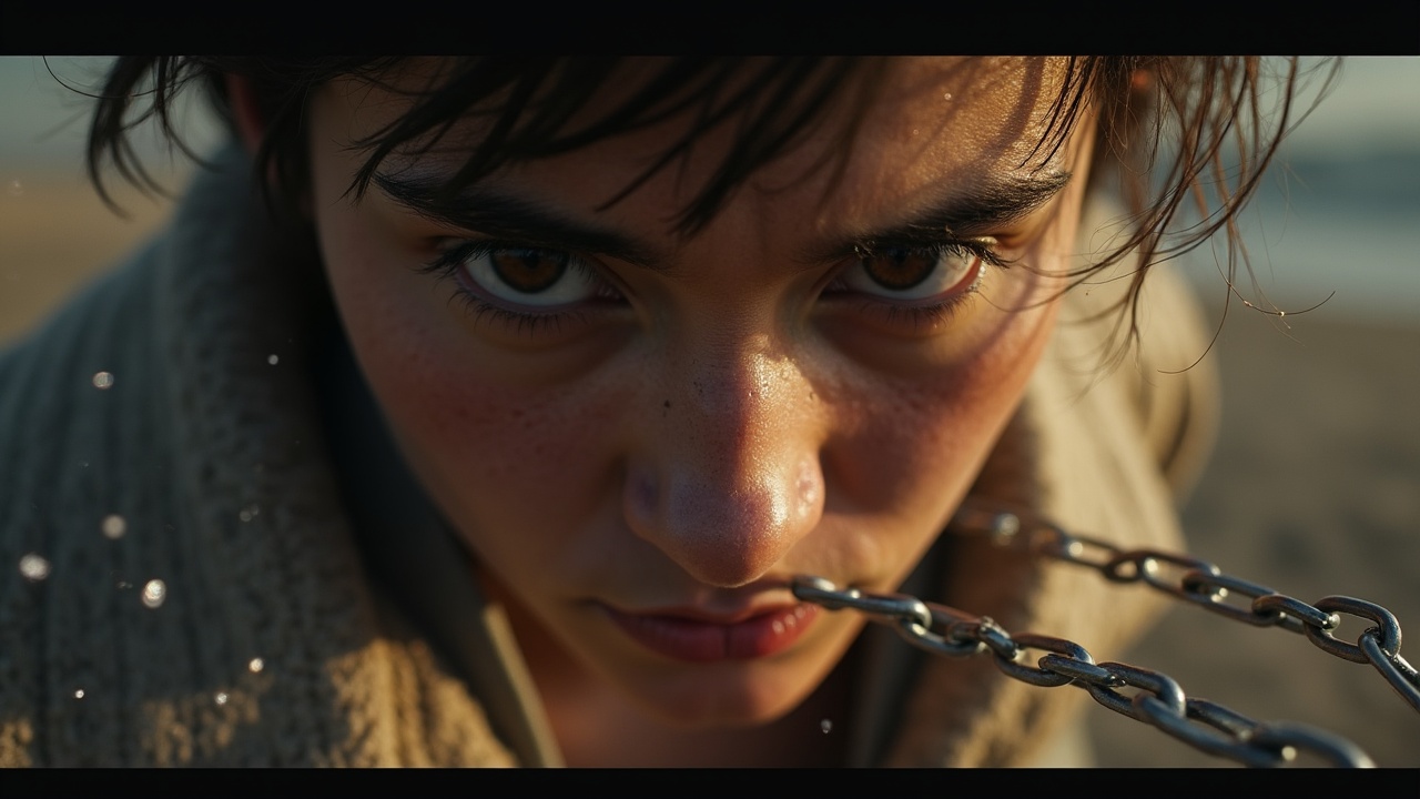 A close-up portrait of a person with an intense, determined gaze holding a chain in their mouth, dramatic lighting highlighting the eyes and chain, cinematic composition