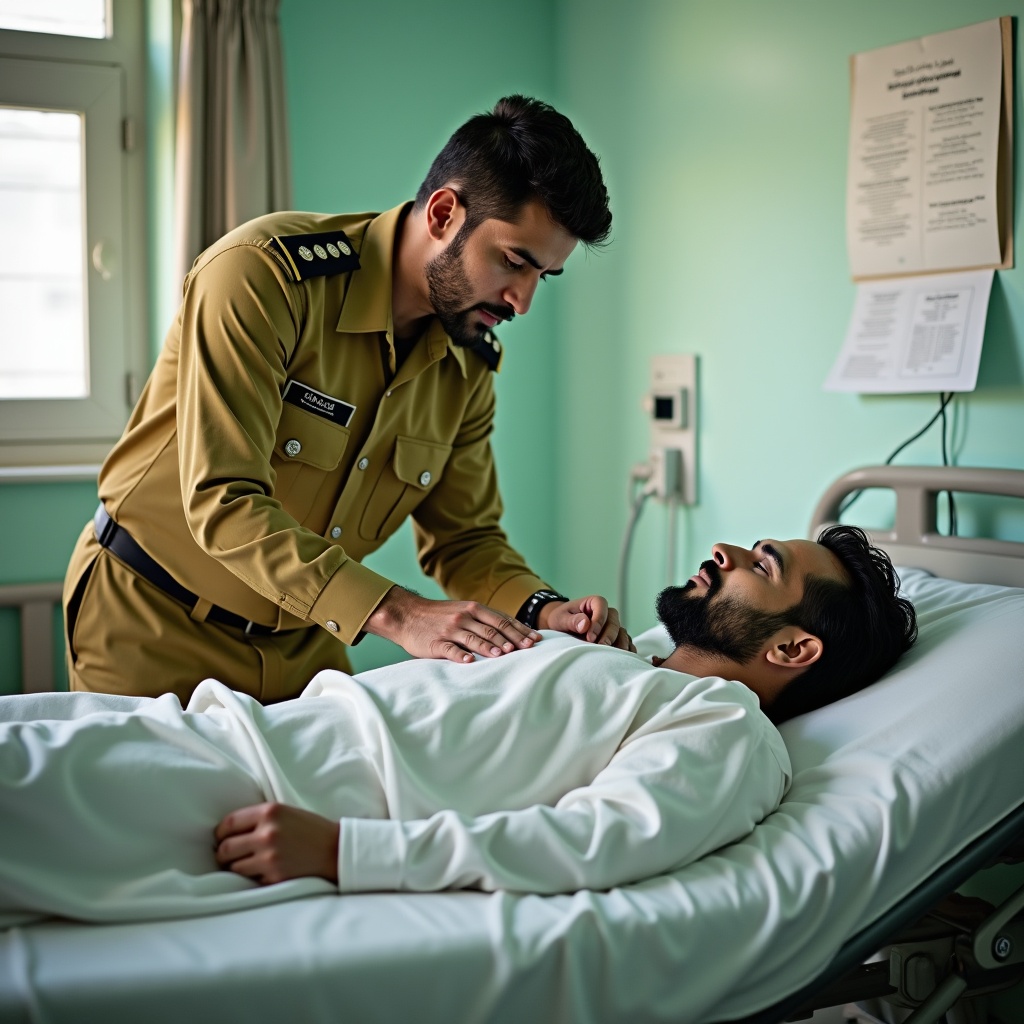 A police officer attending to a patient in a hospital room, with a concern for the patient's well-being depicted through the officer's attentive posture.