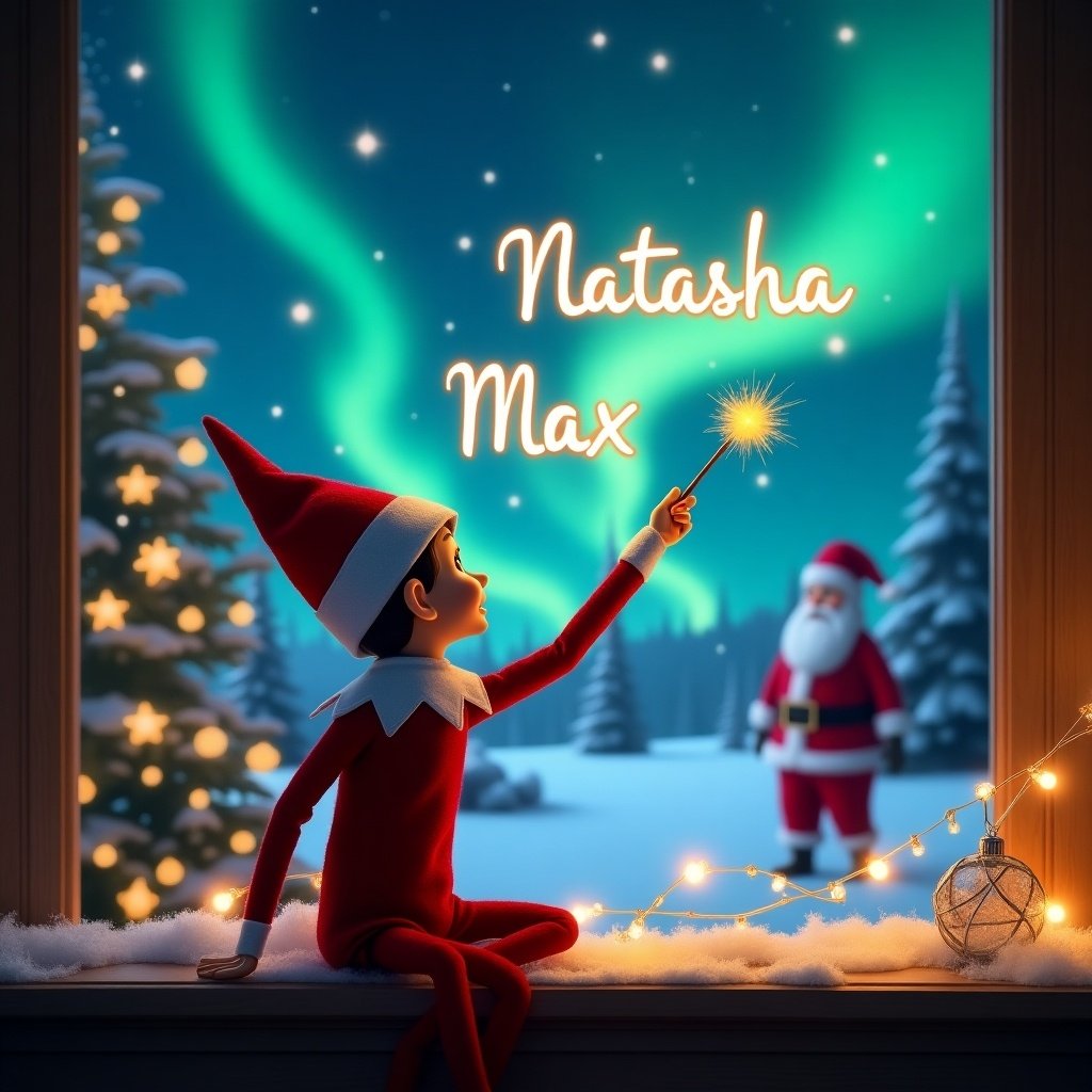 The image features an adorable elf on the shelf, with its back turned, gazing at the magical northern lights above. Holding a sparkling wand, the elf is elegantly creating the names 'Natasha' and 'Max' in the night sky. In the background, a cheerful Santa Claus can be seen, adding to the festive atmosphere. The scene is warmly lit with shades of red and green, enhancing the Christmas vibe. Snow blankets the scenery, making it a perfect holiday depiction. The overall feel is whimsical and enchanting, perfect for the Christmas season.