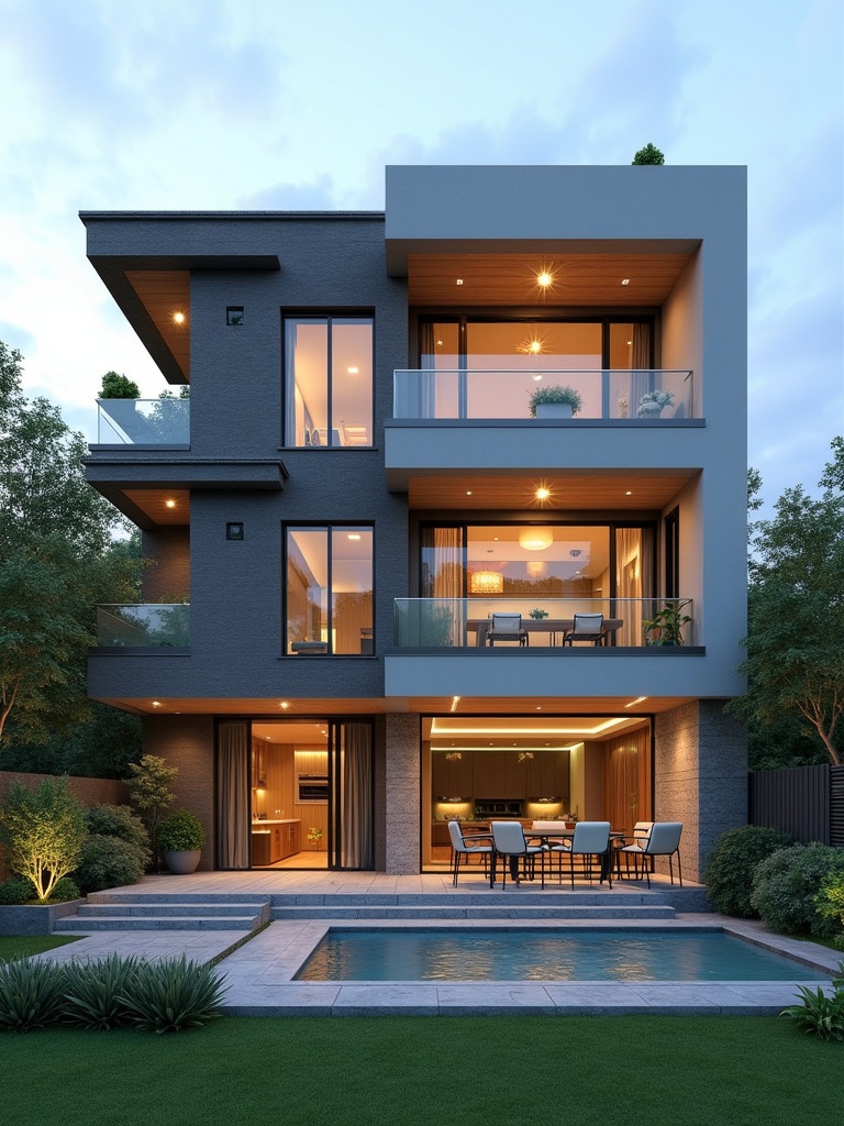 Design for a modern house with multiple stories and amenities. Features include a security wall, parking area, small garden, mosque, several rooms, kitchens, balconies, and artificial trees. The image shows a stylish exterior view of the house with a pool and landscaping.