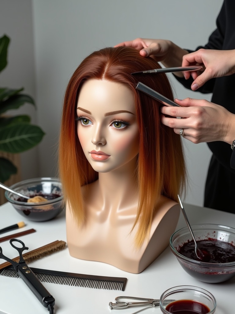 A realistic and detailed image of a cranial prosthetic wig being styled. The wig is secured on a mannequin head with vibrant, freshly colored hair in rich tones. Surrounding the setup are professional hairstyling tools such as scissors, combs, and brushes. Hair dye bowls, brushes, and gloves are visible. The workspace is clean and modern with soft lighting highlighting the wig's shine and styling.