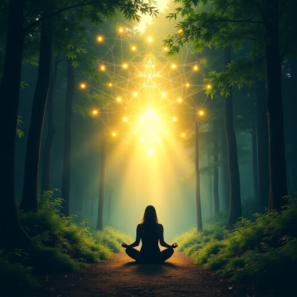 An image depicting a person meditating in a serene forest. The person sits in a lotus position on a path. Golden light shines from above, surrounded by geometric patterns. Dense trees and soft green foliage create a tranquil setting.