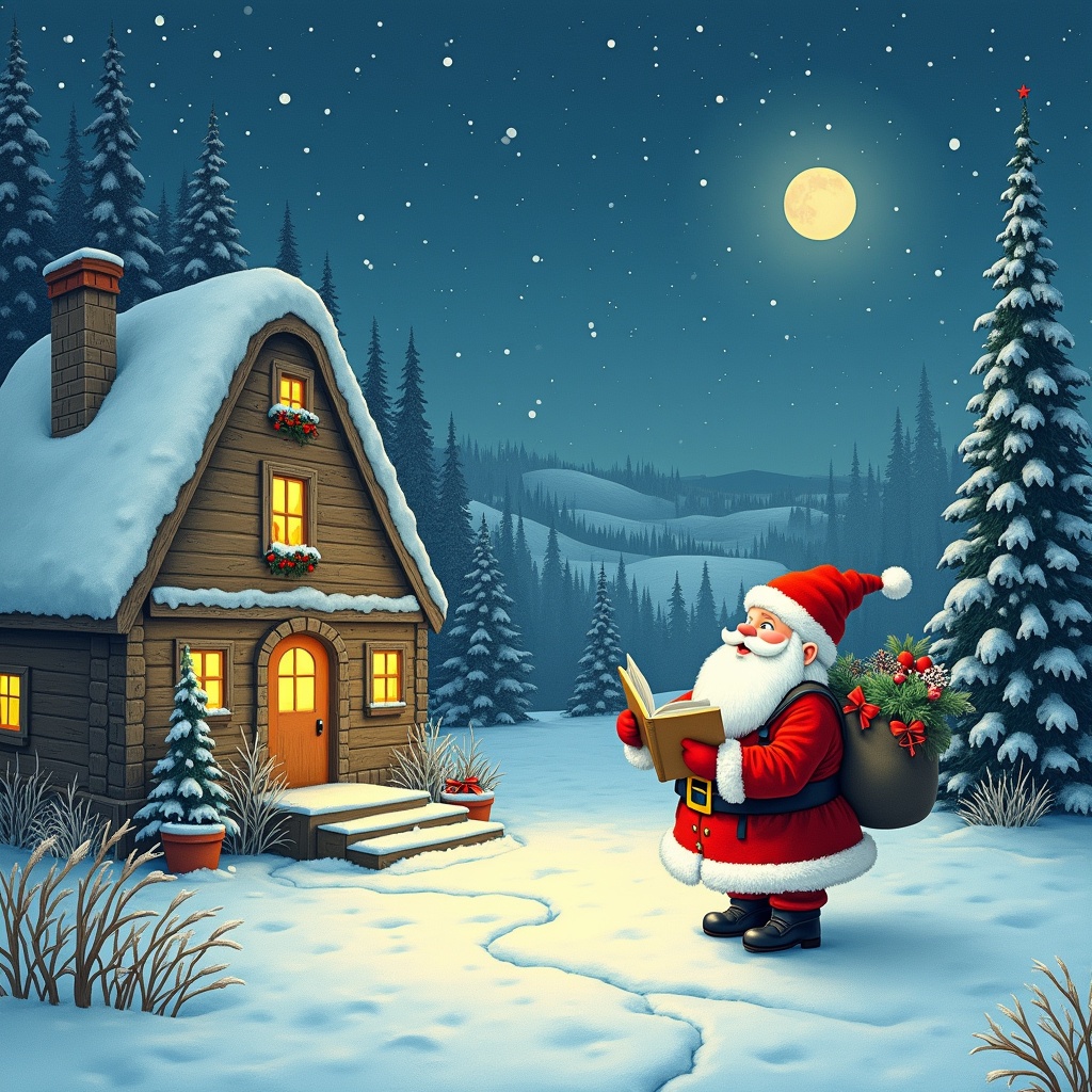 This is a whimsical, snowy Christmas scene featuring Santa Claus in a quaint village. Santa is dressed in his traditional red suit, complete with a large sack of gifts. He's standing outside a cozy cabin, reading from a book, with snowflakes gently falling around him. In the background, evergreen trees and rolling hills create a serene winter landscape. The soft light from the cabin windows adds warmth to the scene under a bright moonlit sky. This image captures the essence of holiday cheer and childhood wonder.