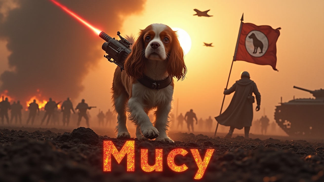 In a dramatic and awe-inspiring scene, a fluffy brown and white cavalier king charles spaniel walks across a dark, desolate battlefield. There is a laser cannon on its back, firing a bright red beam. Nearby, a figure wearing a cloak stands valiantly holding a flag with a dog emblem. In the background are a multitude of small soldiers holding rifles as well as tanks, barely visible among the shadows. The sky is lit by the bright radiance of the sun. A jet fighter passes overhead. At the bottom, we see the text 'Mucy' boldly displayed, in fiery writing.