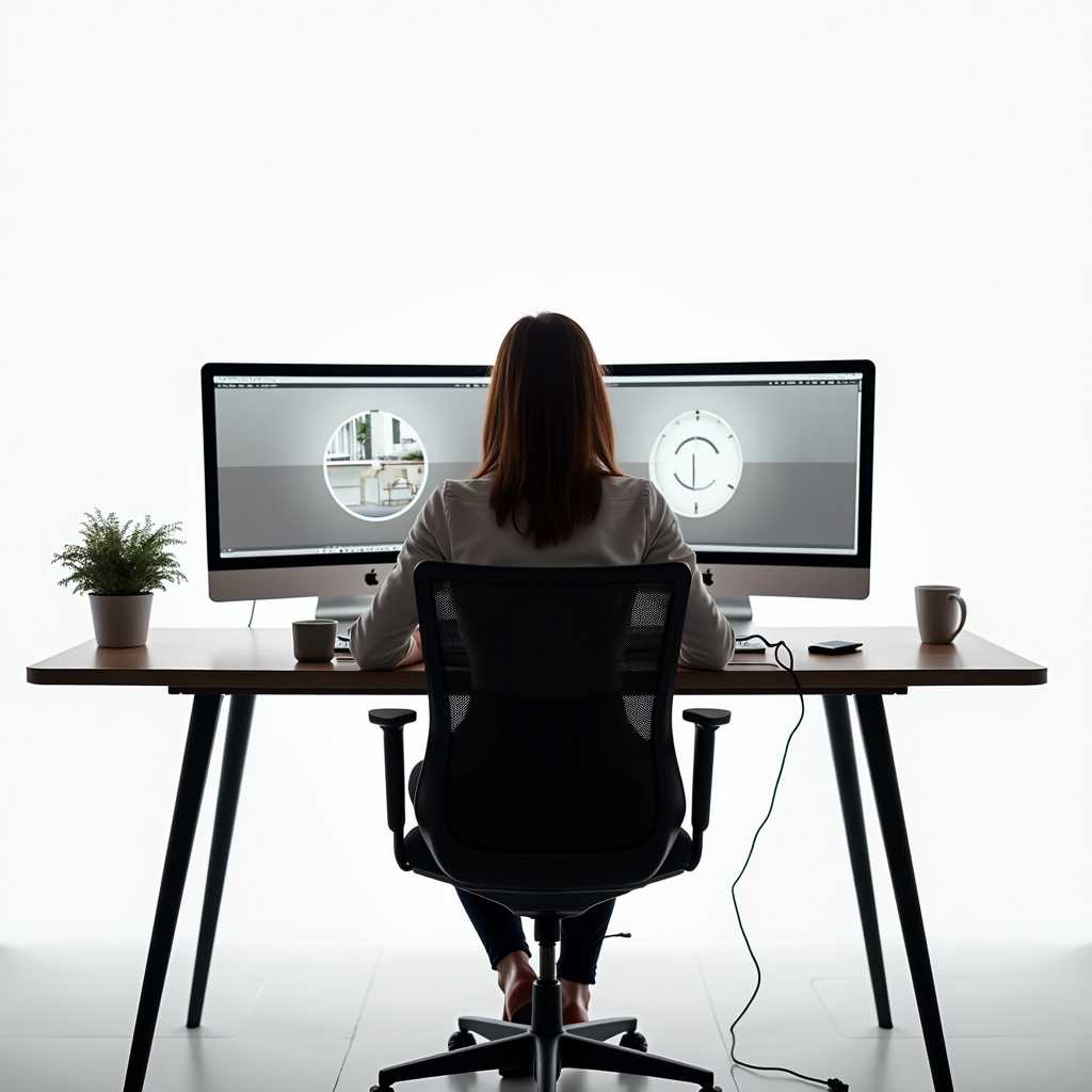 A person is seated at a minimalist desk with dual monitors, focused on design software, surrounded by a plant and a cup, in a bright, modern workspace.