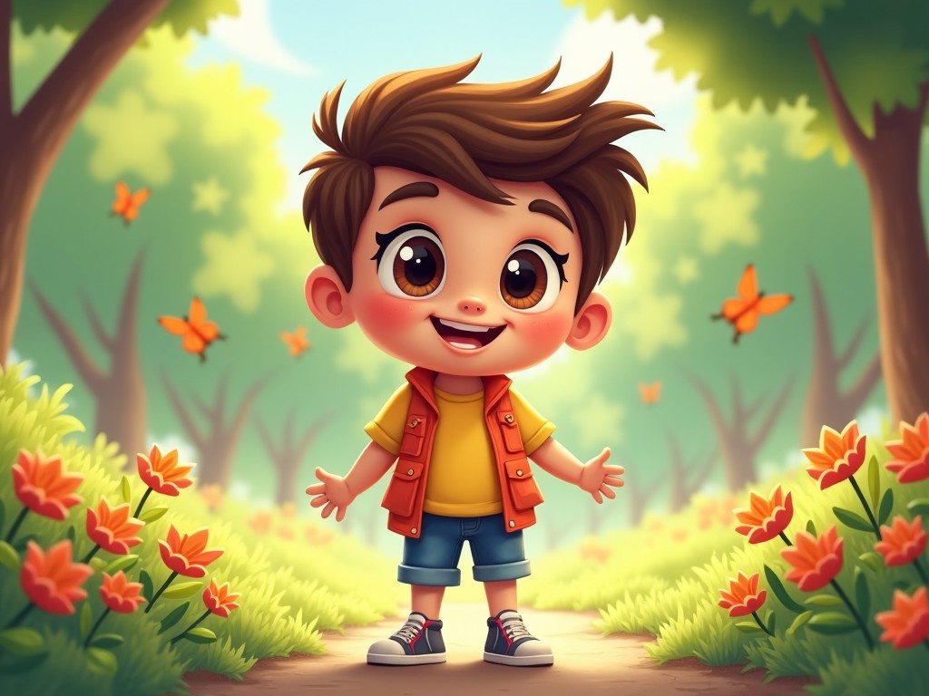 The image shows a cute cartoon boy standing in a vibrant, flower-filled forest. He has a big smile and expressive eyes, wearing a bright yellow shirt with an orange vest and denim shorts. The background is alive with greenery and soft sunlight filtering through the trees. Butterflies flutter around, enhancing the cheerful atmosphere. This joyful scene embodies a sense of adventure and playfulness, making it appealing to children and families. Perfect for illustrations in children’s media or promotional content aimed at this demographic.